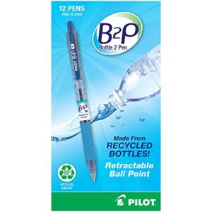 pilot® b2p "bottle to pen" retractable ballpoint pens, fine point, 0.7 mm, 86% recycled, transparent blue barrel, blue ink, pack of 12