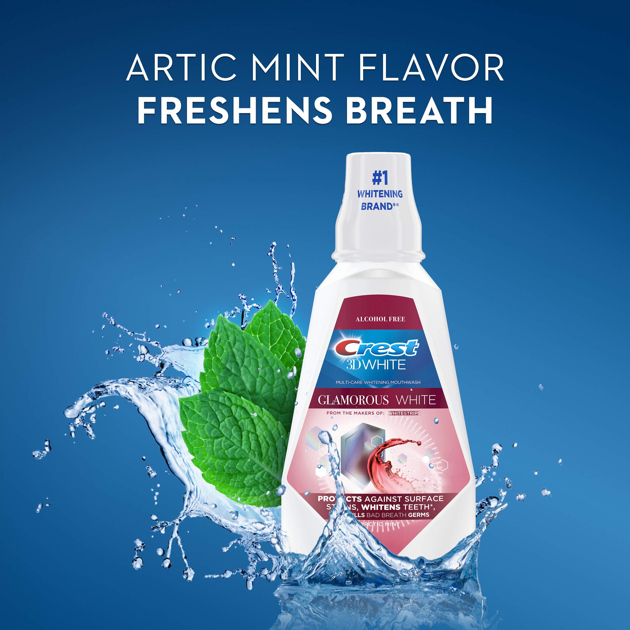 Crest 3D White Glamorous White Mouthwash, Alcohol Free Multi-Care Whitening Mouthwash, Arctic Mint, 32 fl oz (946 mL)
