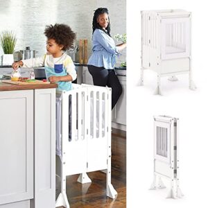 guidecraft contemporary kitchen helper® stool and 2 keepers - white: wooden, adjustable height, safety folding tower for toddlers