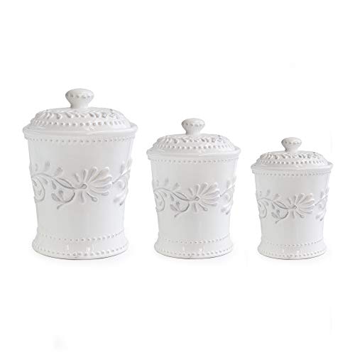 American Atelier Bianca Leaf Canister Set 3-Piece Ceramic Jars in 20oz, 48oz and 80oz Chic Design With Lids for Cookies, Candy, Coffee, Flour, Sugar, Rice, Pasta, Cereal & More