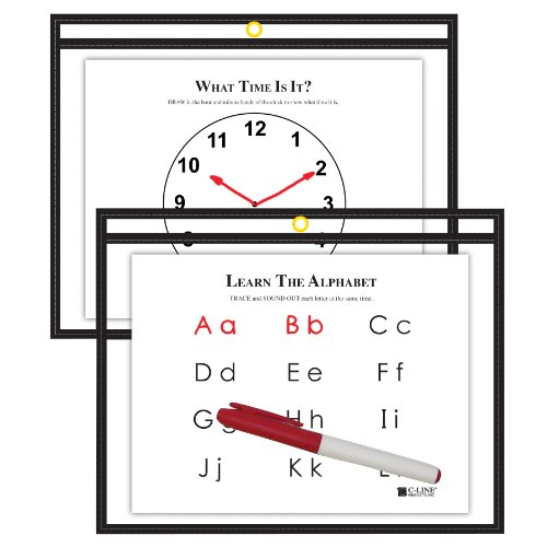 C-Line Reusable Dry Erase Pockets, Horizontal - Open on Long Side, 9 x 12 Inches, 30 per Box, Black (40711-30)