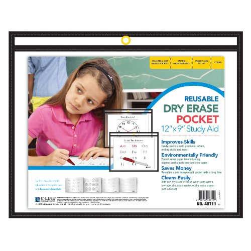 C-Line Reusable Dry Erase Pockets, Horizontal - Open on Long Side, 9 x 12 Inches, 30 per Box, Black (40711-30)
