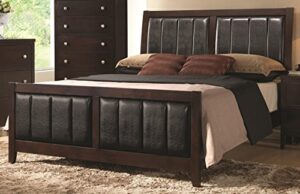 coaster carlton queen size panel bed with black padded leatherette tapered legs solid wood and veneers construction, in cappuccino