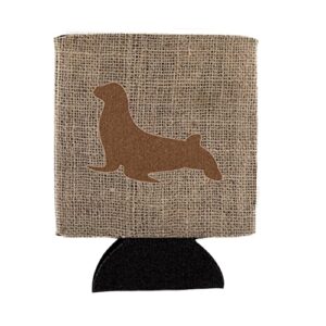caroline's treasures bb1027-bl-bn-cc seal burlap and brown can or bottle hugger cooler washable drink sleeve collapsible beverage insulated holder, can hugger, multicolor
