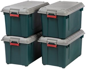 iris usa 82 quart weathertight plastic storage boxes, heavy-duty utility totes with durable lid and secure latching buckles, garage and outdoor, green/gray, 4 pack