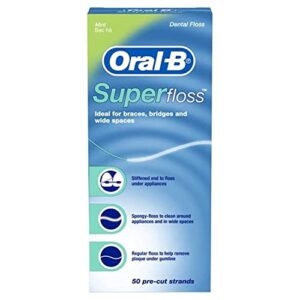oral-b super floss mint dental floss for braces bridges - 50 strips (2-pack)