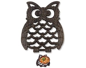 cast iron owl trivet - decorative trivet for kitchen counter or dining table - vintage, old-fashioned, farmhouse, rustic, artisan design - 7.75x6 - with rubber pegs/feet - recycled metal - rust brown