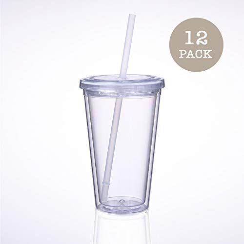 Cupture Classic 12 Insulated Double Wall Tumbler Cup with Lid, Reusable Straw & Hello Name Tags - 16 oz, Bulk Pack (Clear)
