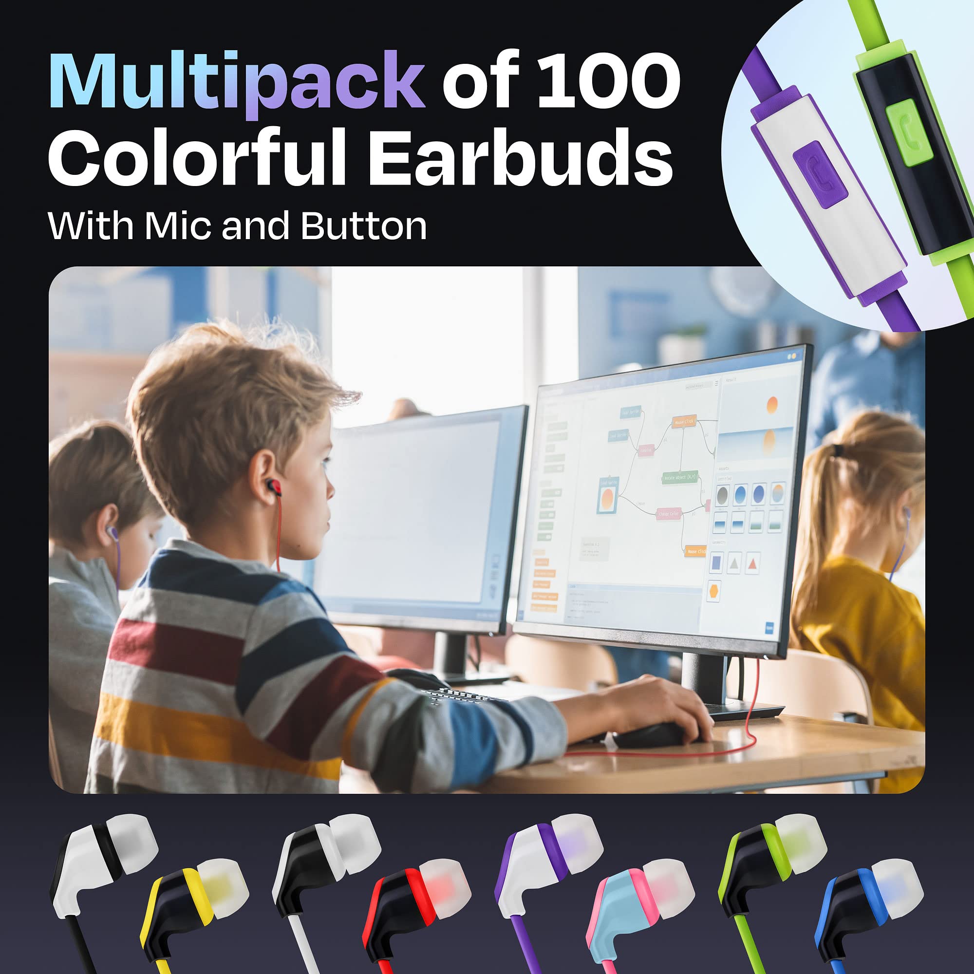 100x Multipack | Bulk Earbuds with Microphone, for Schools, Classroom, Libraries, Museums, etc., Wired in-Ear Earphones with Mic for Kids, Teenagers & Adults, Affordable Bulk Headphones