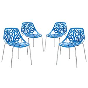 Modway Stencil Modern Stacking Four Kitchen and Dining Room Chairs in Blue