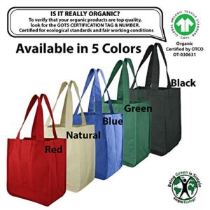 Simple Ecology Organic Cotton Deluxe Reusable Grocery Shopping Bag with Bottle Sleeves and Rigid Bottom Support (UPDATED DESIGN) - Blue 3 Pack