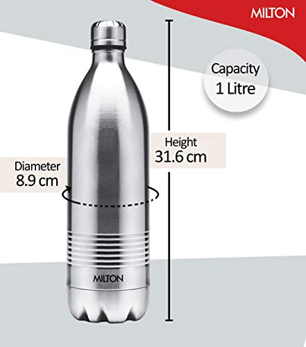 Milton Thermosteel Duo DLX 1000, Double Walled Vacuum Insulated Flask 1000 ml | 34 oz | 1 Ltr |24 Hours Hot and Cold Water Bottle, 18/8 Stainless Steel, BPA Free, Food Grade, Leak-Proof | Silver