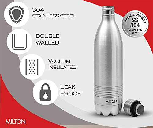 Milton Thermosteel Duo DLX 1000, Double Walled Vacuum Insulated Flask 1000 ml | 34 oz | 1 Ltr |24 Hours Hot and Cold Water Bottle, 18/8 Stainless Steel, BPA Free, Food Grade, Leak-Proof | Silver