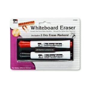 Charles Leonard Magnetic Whiteboard Eraser with 2 Dry Erase Markers, 1 Pack (74532)