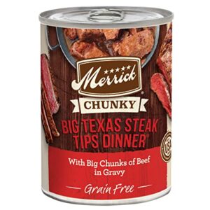 merrick chunky grain free wet dog food, big texas steak tips dinner canned dog food - (12) 12.7 oz. cans