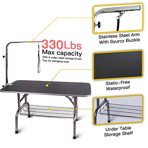 Polar Aurora Pingkay 46'' Black Heavy Duty Pet Professional Dog Show Stainless Steel Foldable Grooming Table w/Adjustable Arm & Noose & Mesh Tray