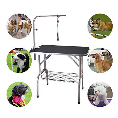 Polar Aurora Pingkay 46'' Black Heavy Duty Pet Professional Dog Show Stainless Steel Foldable Grooming Table w/Adjustable Arm & Noose & Mesh Tray