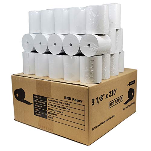 (55 GSM Paper Thickness Coreless) 3-1/8" x 230' (50 Rolls - 1 Case) Bpa Free Thermal Receipt Printer Paper | No Branding | Blank Tabs | Drop Shipping