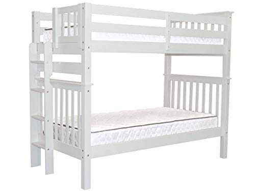 Bedz King Tall Bunk Beds Twin over Twin Mission Style with End Ladder, White