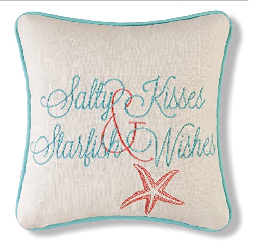 C&F Home 10" Embroidered Salty Kisses Starfish Wishes Throw Pillow Decorative Cotton Beach Inspirational Quote Ocean Coastal Small Throw Accent Seashore Pillow Decor Decoration 10 x 10 Multi