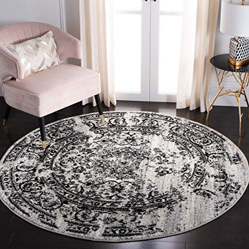 SAFAVIEH Adirondack Collection Area Rug - 6' Round, Silver & Black, Oriental Distressed Design, Non-Shedding & Easy Care, Ideal for High Traffic Areas in Living Room, Bedroom (ADR101A)