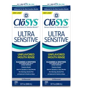 closys ultra sensitive mouthwash, 32 ounce (pack of 2), unflavored (optional flavor dropper included), alcohol free, dye free, ph balanced, helps soothe entire mouth