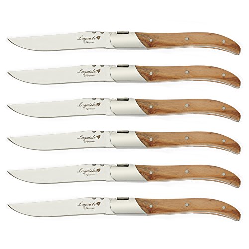 FLYINGCOLORS Flying Colors Laguiole Steak Knife Set. Stainless Steel, Olive Wood Handle, Gift Box, 6 Pieces