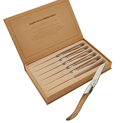 FLYINGCOLORS Flying Colors Laguiole Steak Knife Set. Stainless Steel, Olive Wood Handle, Gift Box, 6 Pieces