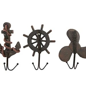 Things2Die4 Set of 3 Weathered Finish Anchor Prop and Wheel Nautical Wall Hooks