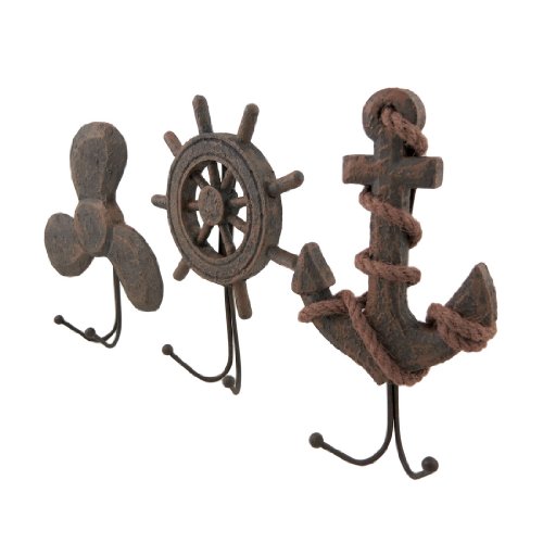 Things2Die4 Set of 3 Weathered Finish Anchor Prop and Wheel Nautical Wall Hooks