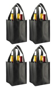 reusable non-printed wine tote- 4 pack (black, 4 bottle)