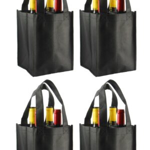 Reusable Non-Printed Wine Tote- 4 Pack (Black, 4 Bottle)