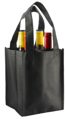 Reusable Non-Printed Wine Tote- 4 Pack (Black, 4 Bottle)