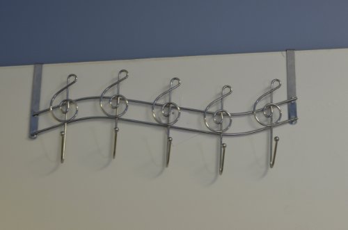 Southern Homewares Music Note Treble Clef Shape Over The Door Metal Rack, 5 Hanger Hooks Chrome Plated