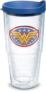 tervis wonder woman tumbler with emblem and blue lid 24oz, clear