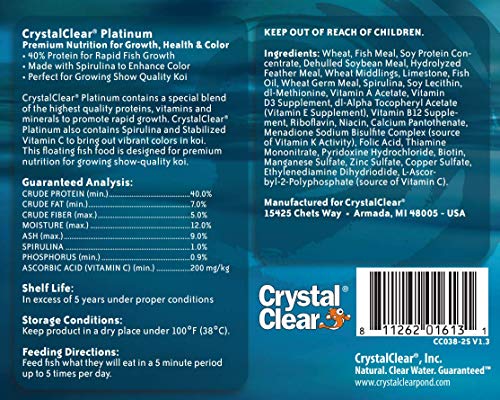 CrystalClear Platinum Rapid Growth Koi Fish Food with Added Vitamins & Spirulina, 3mm Pellets, 2.2 Pounds