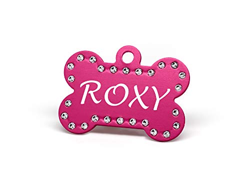 Custom Engraved Pet ID Tags with Swarovski Crystal - 1.5" Long x 1" Tall, Anodized Aluminum, Bone Shape, Pink