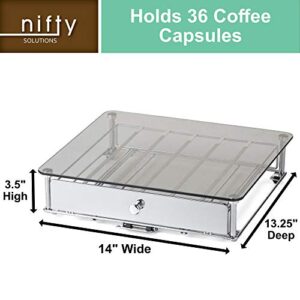 Nifty Rolling Coffee Pod Drawer - Glass Top & Chrome Finish, Compatible with K-Cups, 36 Pod Pack Holder, Compact Under Coffee Pot Storage Drawer, Slim Home Kitchen Counter Organizer