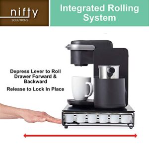 Nifty Rolling Coffee Pod Drawer - Glass Top & Chrome Finish, Compatible with K-Cups, 36 Pod Pack Holder, Compact Under Coffee Pot Storage Drawer, Slim Home Kitchen Counter Organizer