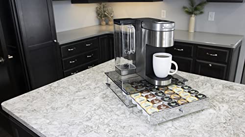 Nifty Rolling Coffee Pod Drawer - Glass Top & Chrome Finish, Compatible with K-Cups, 36 Pod Pack Holder, Compact Under Coffee Pot Storage Drawer, Slim Home Kitchen Counter Organizer