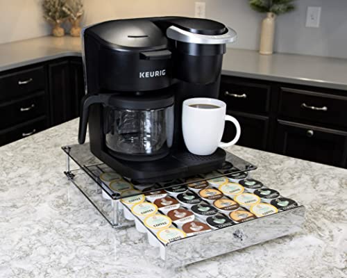 Nifty Rolling Coffee Pod Drawer - Glass Top & Chrome Finish, Compatible with K-Cups, 36 Pod Pack Holder, Compact Under Coffee Pot Storage Drawer, Slim Home Kitchen Counter Organizer