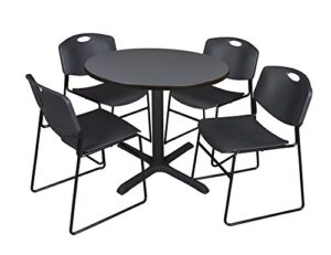 cain 42" round breakroom table- grey & 4 zeng stack chairs- black