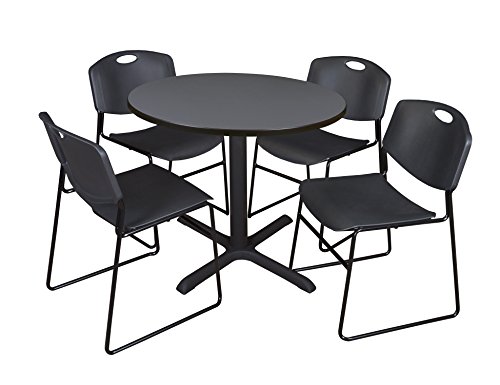 Cain 42" Round Breakroom Table- Grey & 4 Zeng Stack Chairs- Black