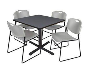 cain 42" square breakroom table- grey & 4 zeng stack chairs- grey