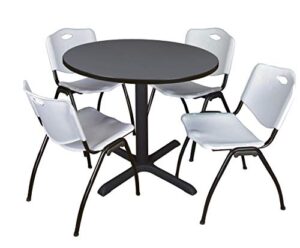 cain 42" round breakroom table- grey & 4 'm' stack chairs- grey
