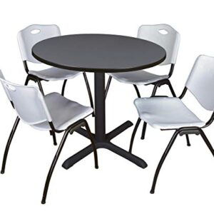 Cain 42" Round Breakroom Table- Grey & 4 'M' Stack Chairs- Grey