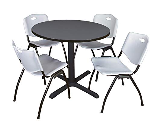 Cain 42" Round Breakroom Table- Grey & 4 'M' Stack Chairs- Grey