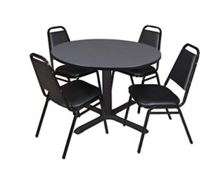 cain 48" round breakroom table- grey & 4 restaurant stack chairs- black
