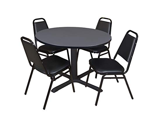 Cain 48" Round Breakroom Table- Grey & 4 Restaurant Stack Chairs- Black