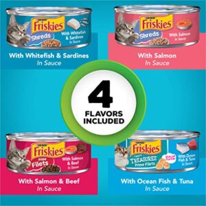 Purina Friskies Wet Cat Food Variety Pack, Fish-A-Licious Shreds, Prime Filets & Tasty Treasures - (32) 5.5 Oz. Cans